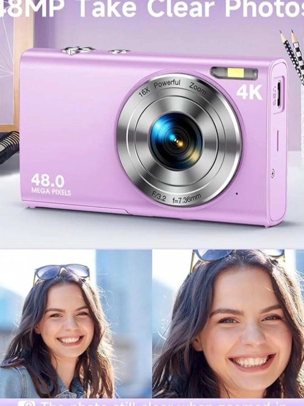 Compact 48mp Digital Camera - purple - anteam from amazon